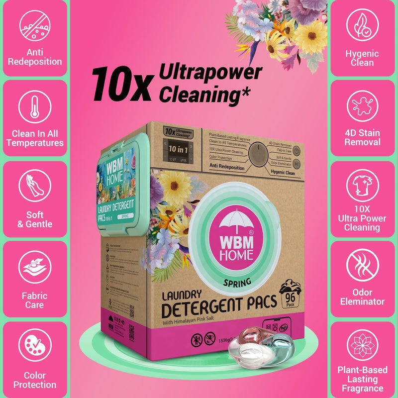 WBM Home Laundry Detergent Pods, Spring Fragrance Scent, 96 Count - HE Concentrated Laundry Pods With 10x Ultrapower Cleaning and 4D Laundry Stain Remover - Image 4